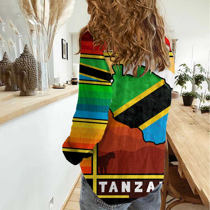 African Sunset Design with Flag Map Mount Kilimanjaro and Wildlife Scene Women Casual Shirt