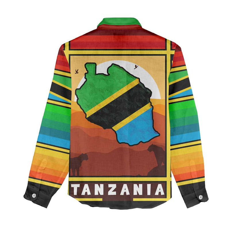 African Sunset Design with Flag Map Mount Kilimanjaro and Wildlife Scene Women Casual Shirt
