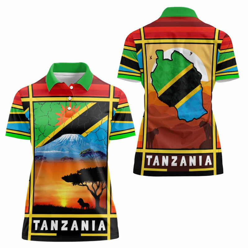 African Sunset Design with Flag Map Mount Kilimanjaro and Wildlife Scene Women Polo Shirt