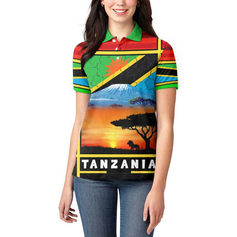 African Sunset Design with Flag Map Mount Kilimanjaro and Wildlife Scene Women Polo Shirt