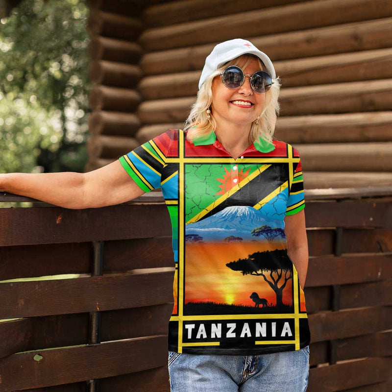 African Sunset Design with Flag Map Mount Kilimanjaro and Wildlife Scene Women Polo Shirt