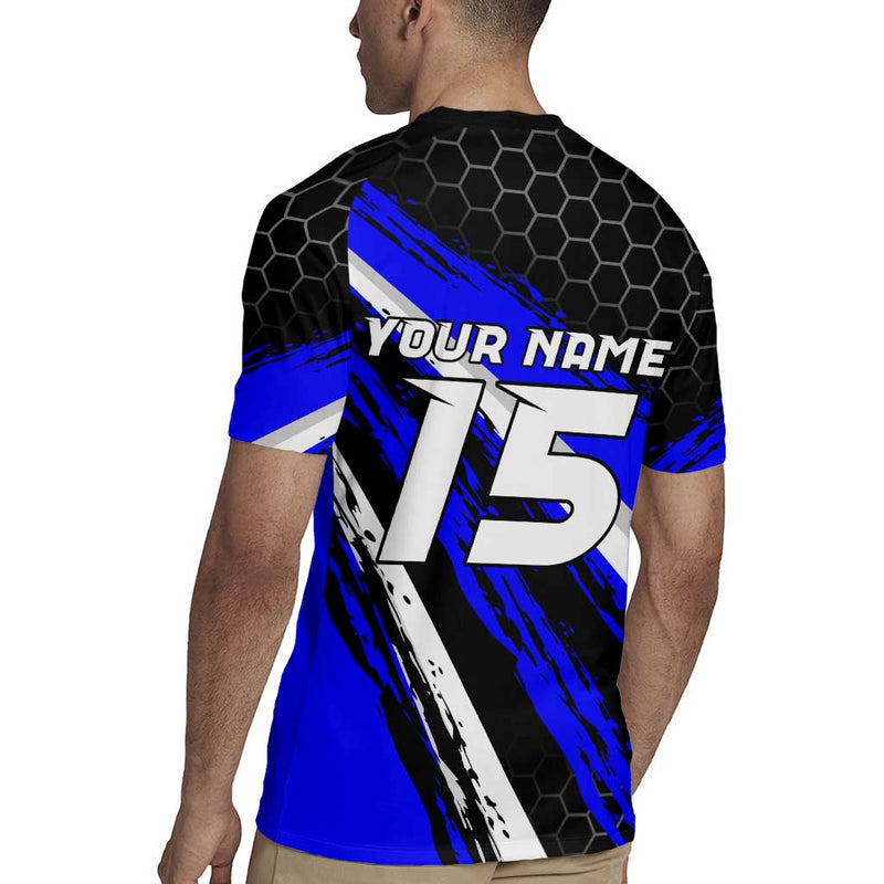 Custom Blue Motocross With Dirt Bike Rider Graphic Design On Honeycomb Pattern Rugby Jersey