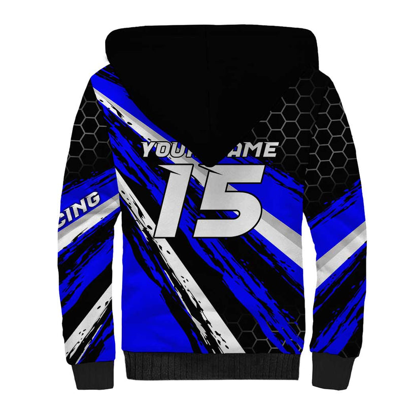 Custom Blue Motocross with Dirt Bike Rider Graphic Design on Honeycomb Pattern Sherpa Hoodie