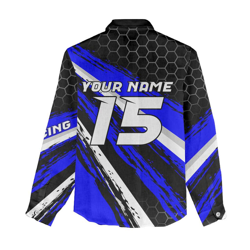 Custom Blue Motocross with Dirt Bike Rider Graphic Design on Honeycomb Pattern Women Casual Shirt