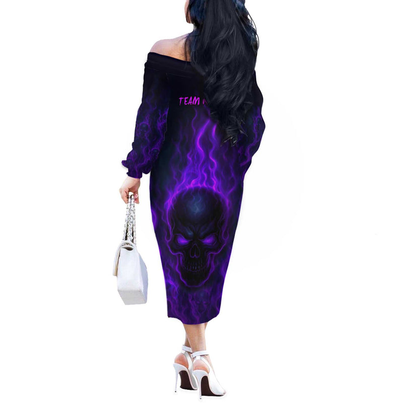 Custom Bowling Purple Flame Skull Custom Team Name On Dark Background Off The Shoulder Long Sleeve Dress