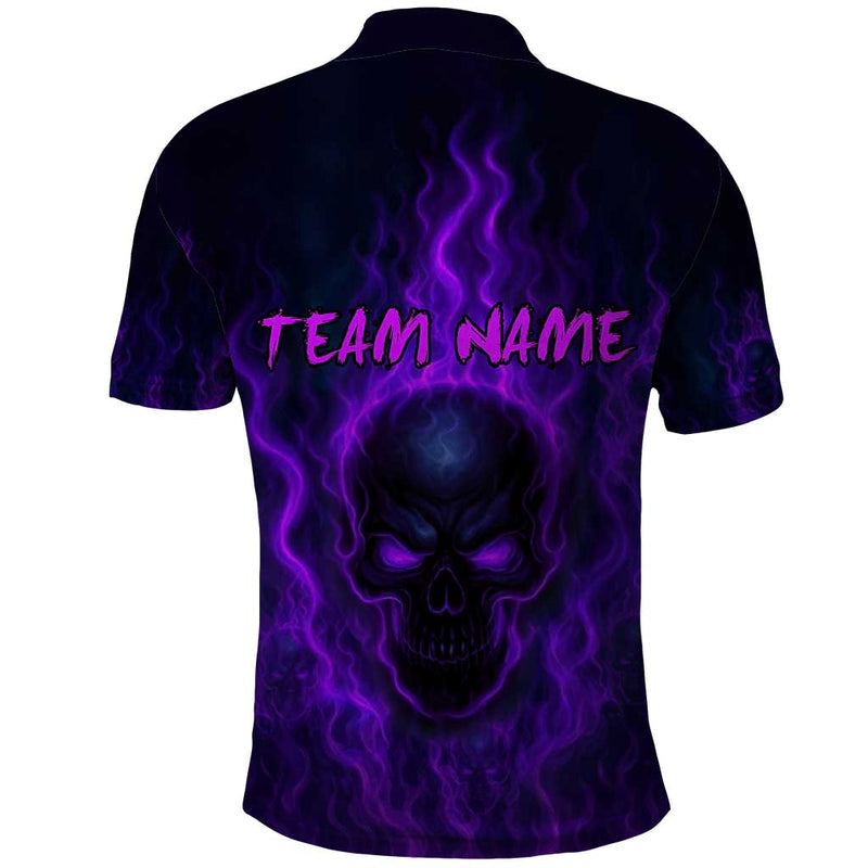 Custom Bowling Purple Flame Skull Custom Team Name on Dark Background Polo Shirt