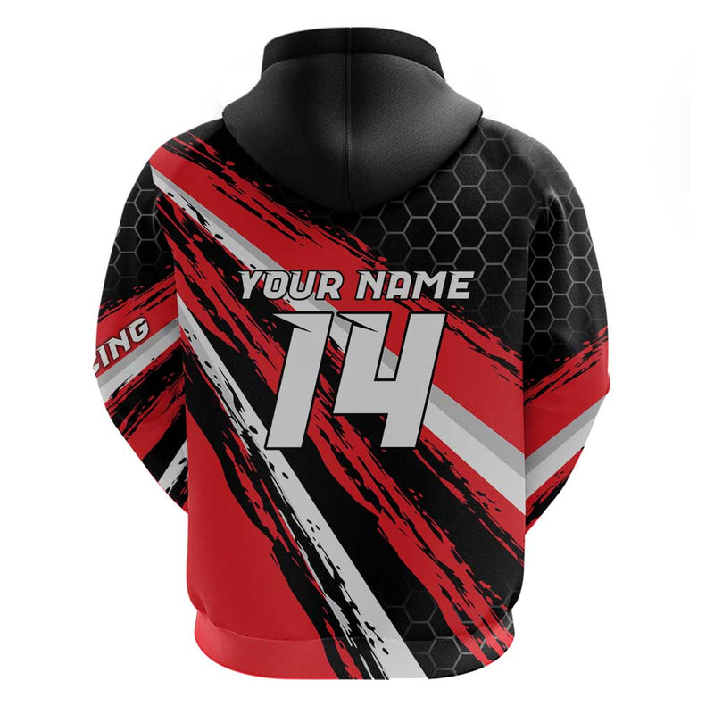 Custom Dirt Bike Motocross Rider Red Black Hex Pattern and Racing Number Hoodie
