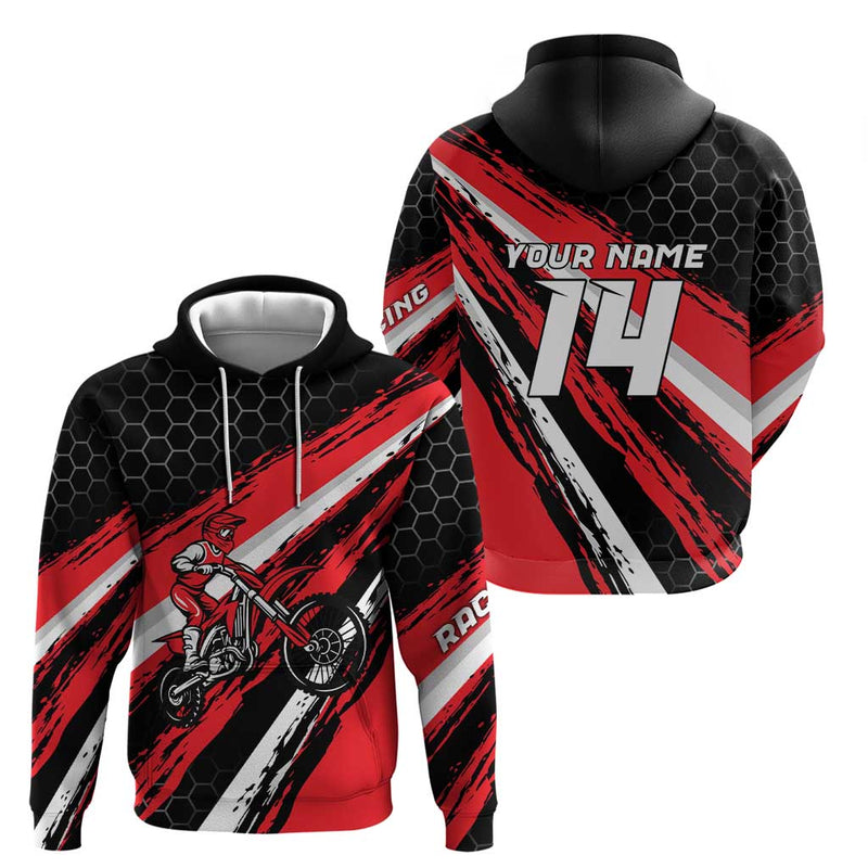 Custom Dirt Bike Motocross Rider Red Black Hex Pattern and Racing Number Hoodie