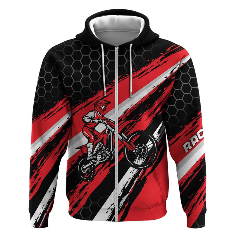 Custom Dirt Bike Motocross Rider Red Black Hex Pattern and Racing Number Hoodie
