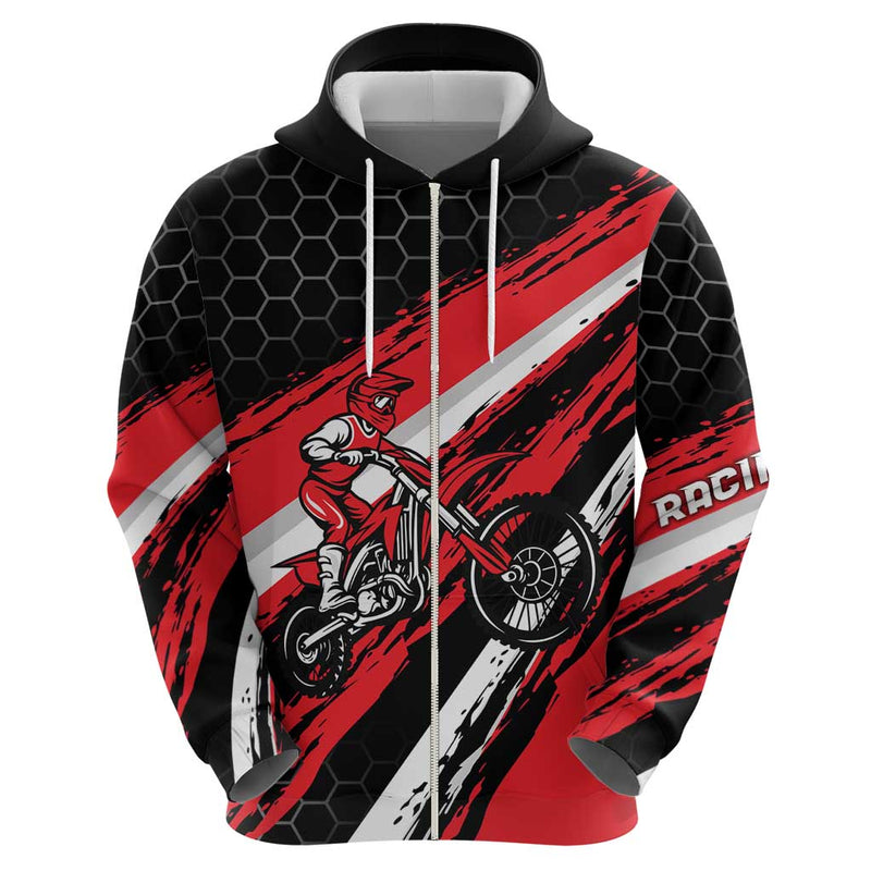 Custom Dirt Bike Motocross Rider Red Black Hex Pattern and Racing Number Hoodie