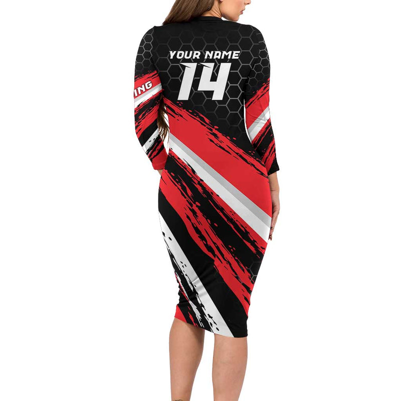 Custom Dirt Bike Motocross Rider Red Black Hex Pattern And Racing Number Long Sleeve Bodycon Dress