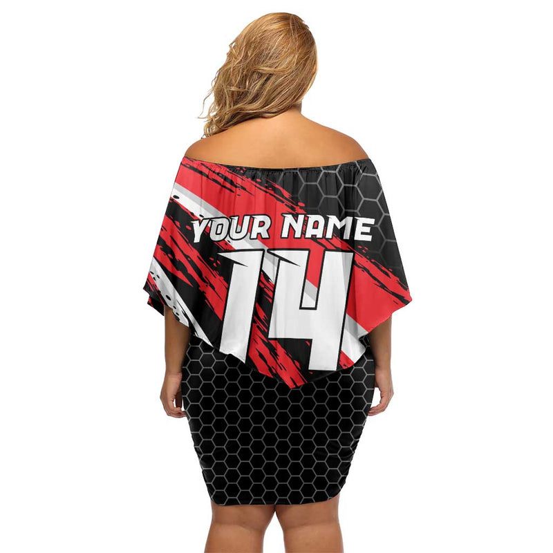 Custom Dirt Bike Motocross Rider Red Black Hex Pattern And Racing Number Off Shoulder Short Dress