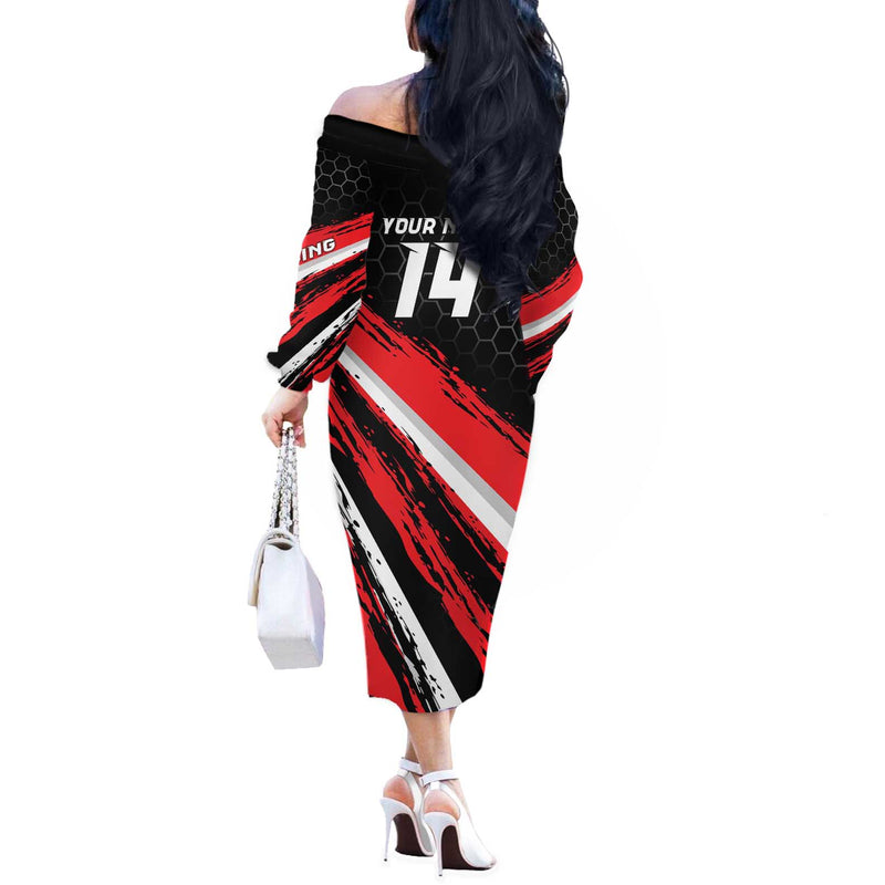 Custom Dirt Bike Motocross Rider Red Black Hex Pattern And Racing Number Off The Shoulder Long Sleeve Dress