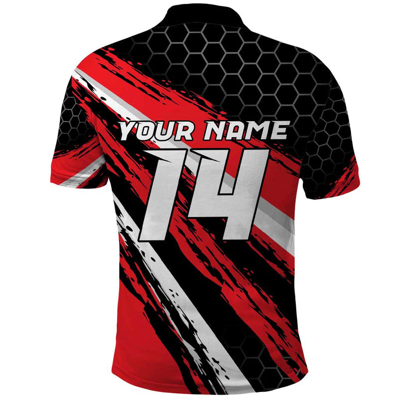 Custom Dirt Bike Motocross Rider Red Black Hex Pattern and Racing Number Polo Shirt