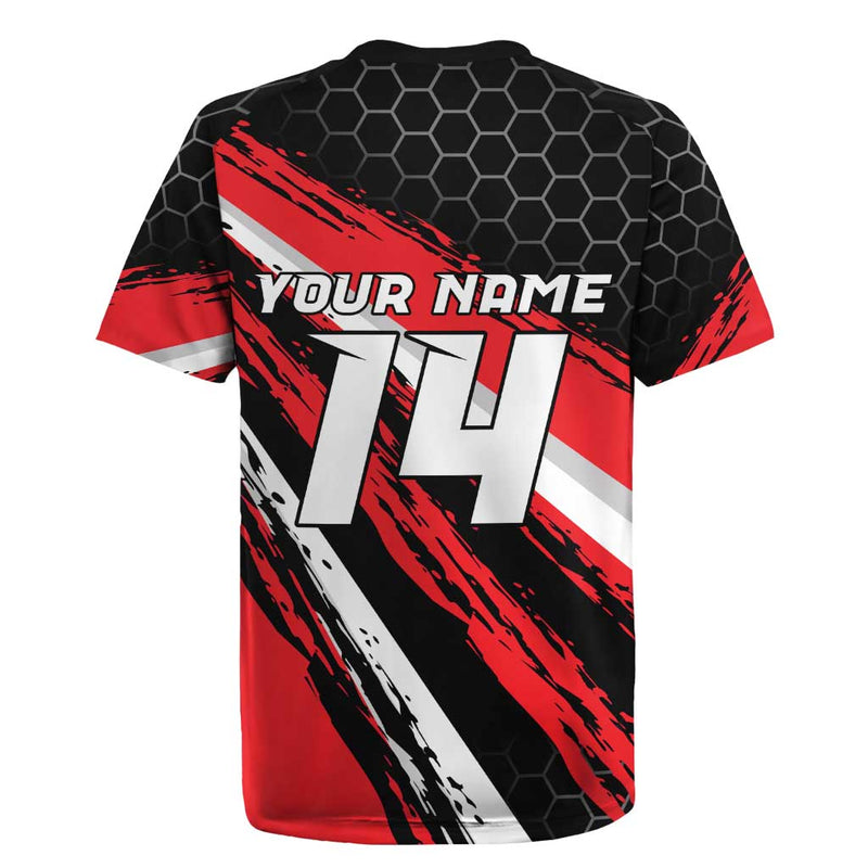 Custom Dirt Bike Motocross Rider Red Black Hex Pattern And Racing Number Rugby Jersey