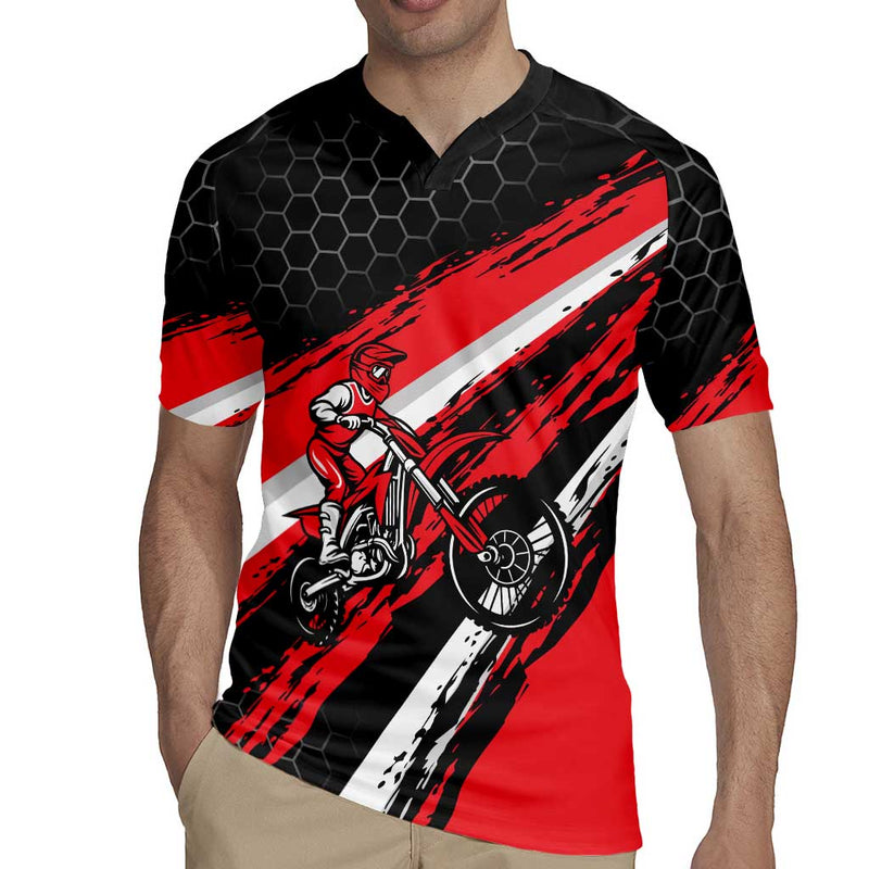 Custom Dirt Bike Motocross Rider Red Black Hex Pattern And Racing Number Rugby Jersey