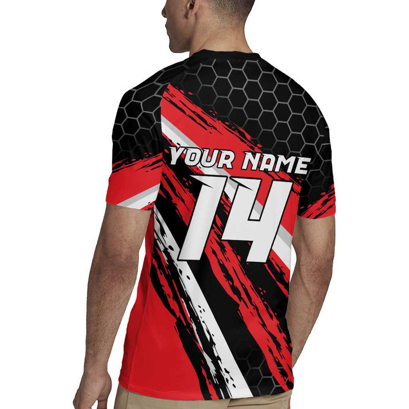 Custom Dirt Bike Motocross Rider Red Black Hex Pattern And Racing Number Rugby Jersey