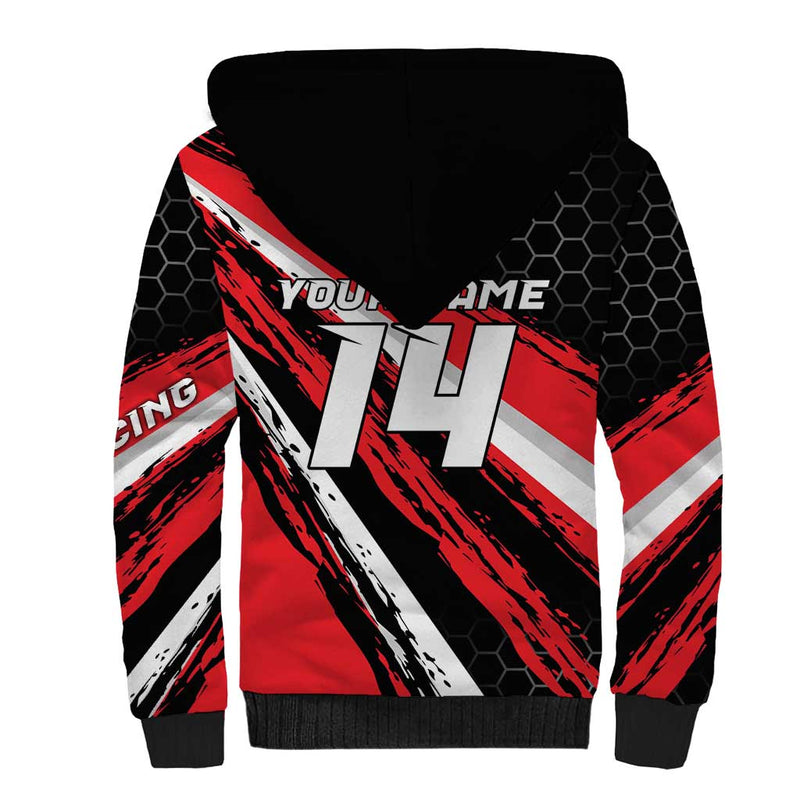 Custom Dirt Bike Motocross Rider Red Black Hex Pattern and Racing Number Sherpa Hoodie