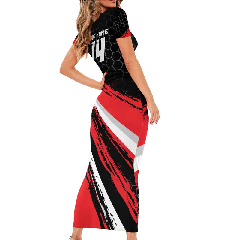 Custom Dirt Bike Motocross Rider Red Black Hex Pattern And Racing Number Short Sleeve Bodycon Dress