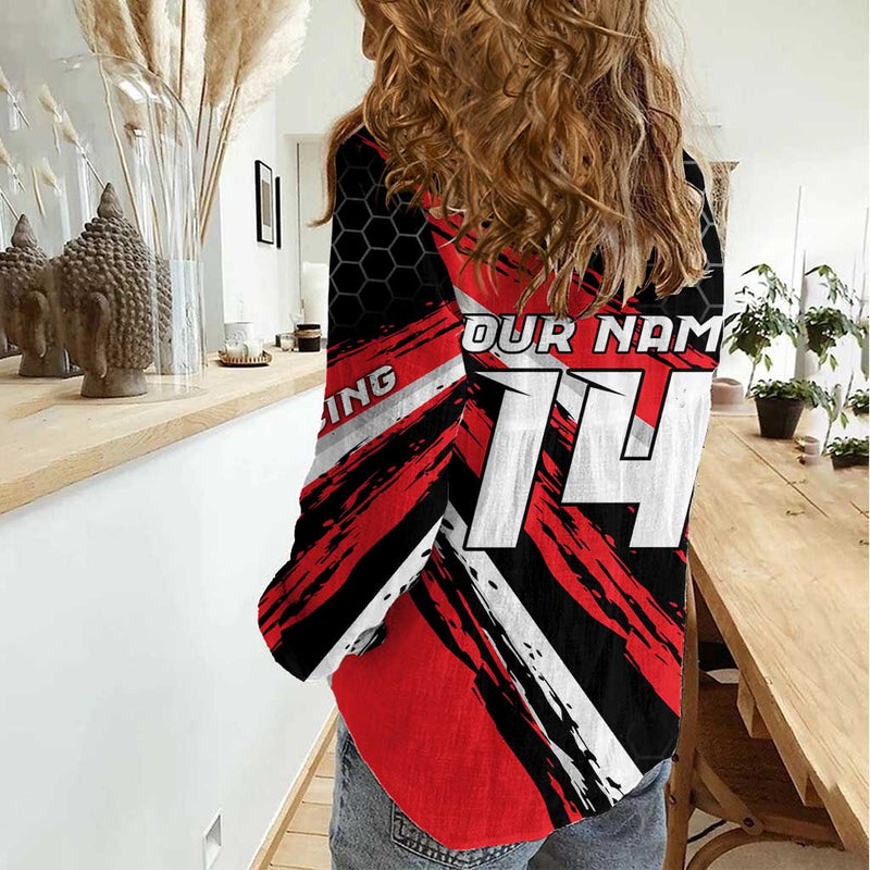 Custom Dirt Bike Motocross Rider Red Black Hex Pattern and Racing Number Women Casual Shirt