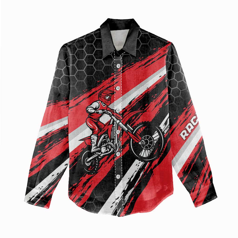 Custom Dirt Bike Motocross Rider Red Black Hex Pattern and Racing Number Women Casual Shirt