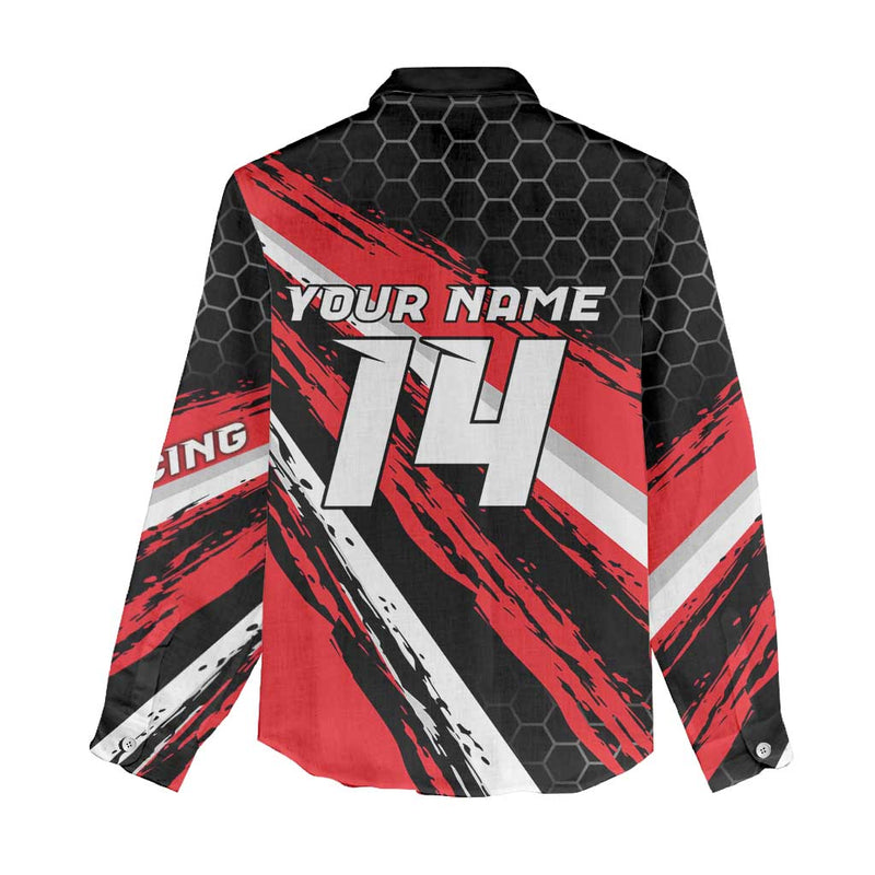 Custom Dirt Bike Motocross Rider Red Black Hex Pattern and Racing Number Women Casual Shirt