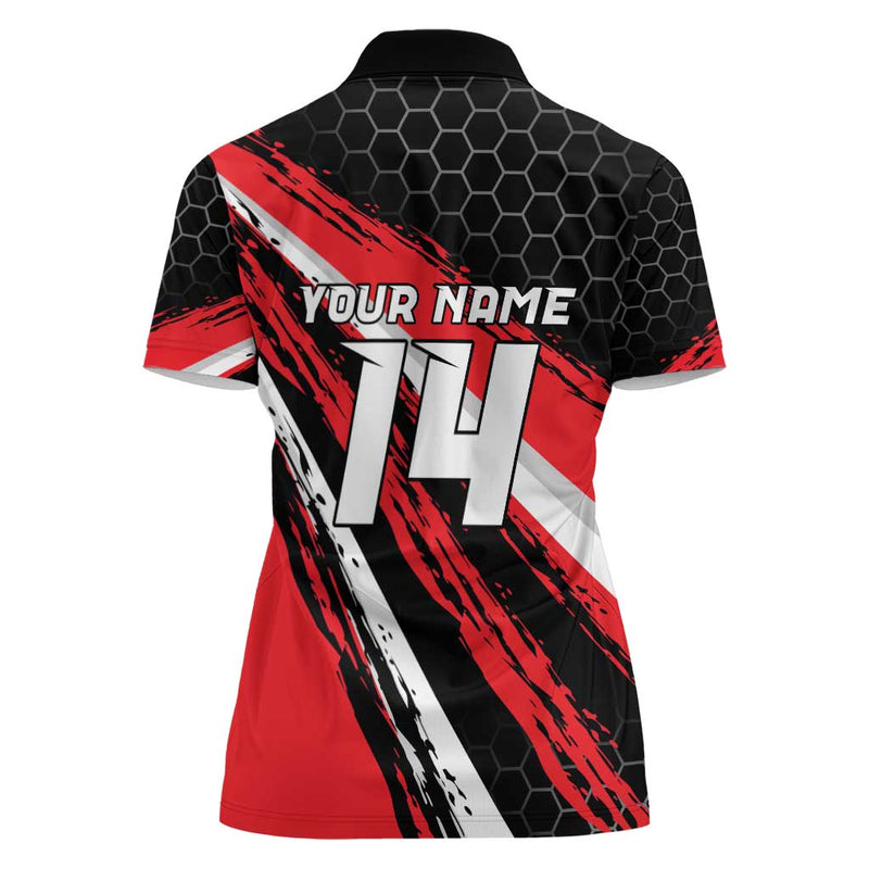 Custom Dirt Bike Motocross Rider Red Black Hex Pattern and Racing Number Women Polo Shirt