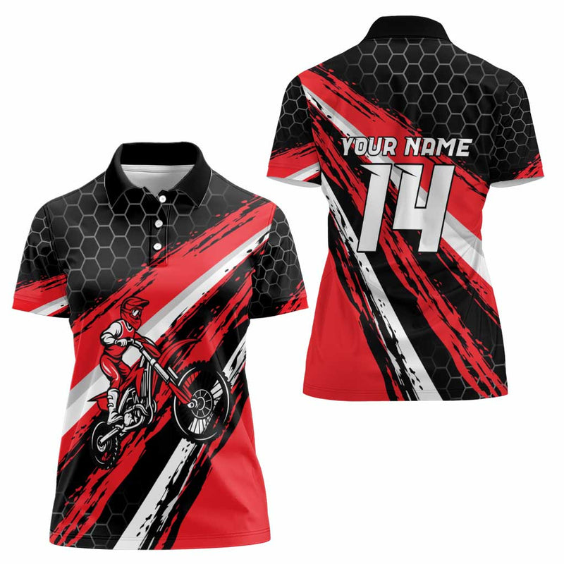 Custom Dirt Bike Motocross Rider Red Black Hex Pattern and Racing Number Women Polo Shirt