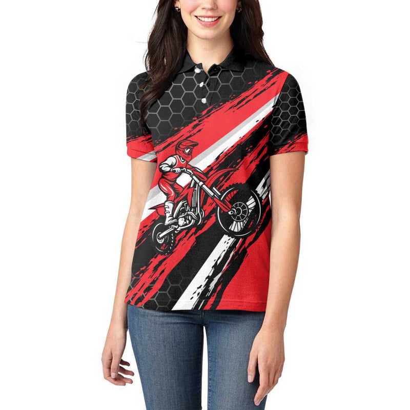 Custom Dirt Bike Motocross Rider Red Black Hex Pattern and Racing Number Women Polo Shirt