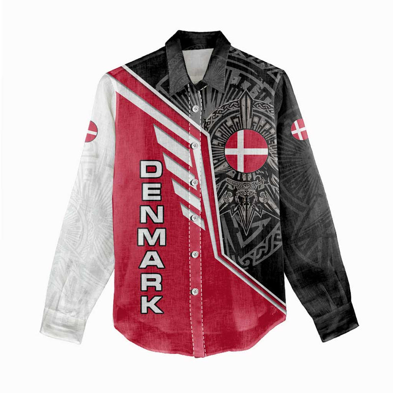 Denmark Flag with Viking Rune Pattern and Nordic Crest Design Women Casual Shirt