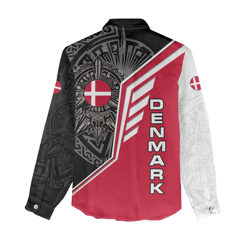Denmark Flag with Viking Rune Pattern and Nordic Crest Design Women Casual Shirt