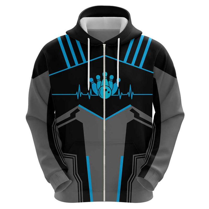 Custom Bowling Team with Blue Bowling Pin Heartbeat Graphic and Winged Emblem Hoodie