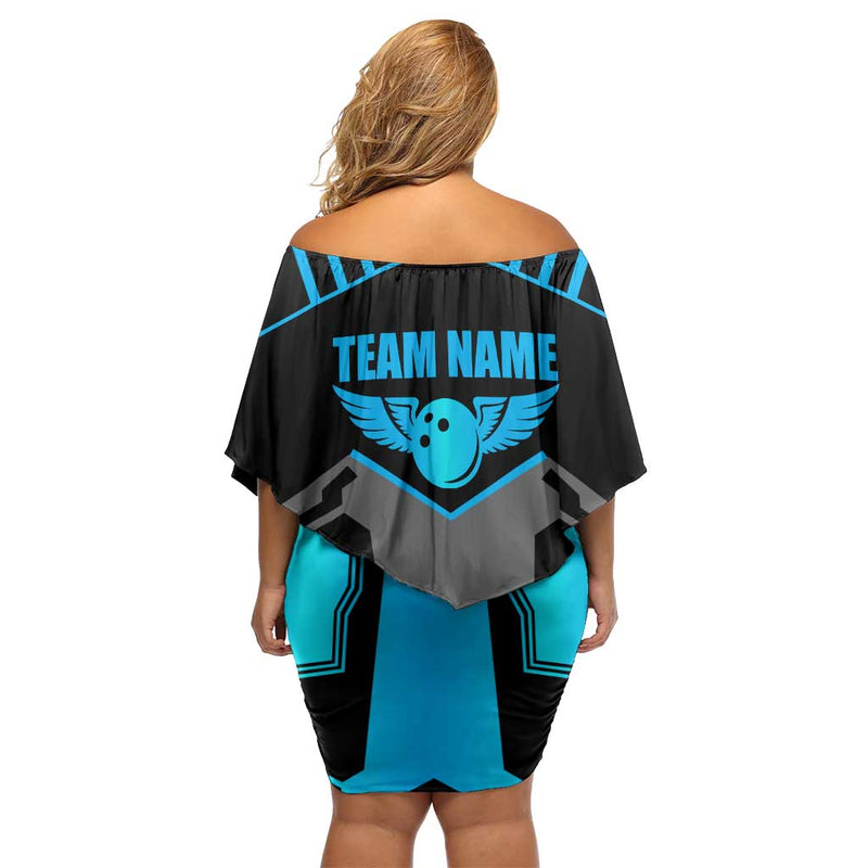 Custom Bowling Team With Blue Bowling Pin Heartbeat Graphic And Winged Emblem Off Shoulder Short Dress