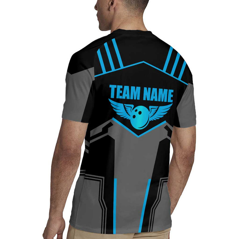 Custom Bowling Team With Blue Bowling Pin Heartbeat Graphic And Winged Emblem Rugby Jersey
