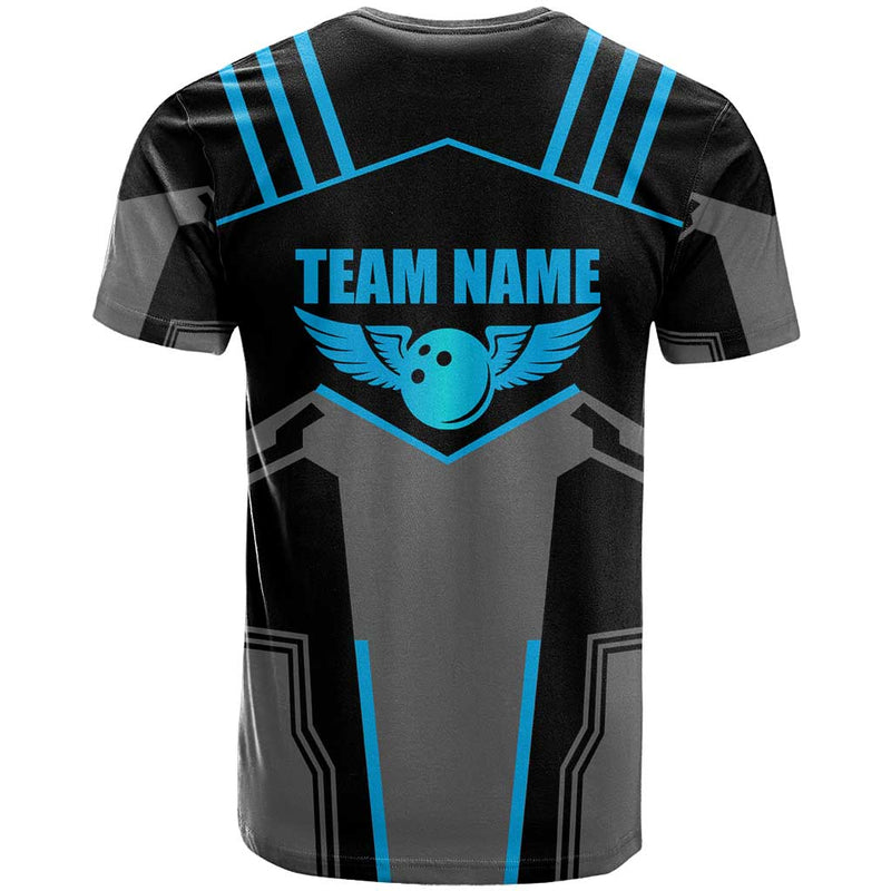 Custom Bowling Team with Blue Bowling Pin Heartbeat Graphic and Winged Emblem T Shirt