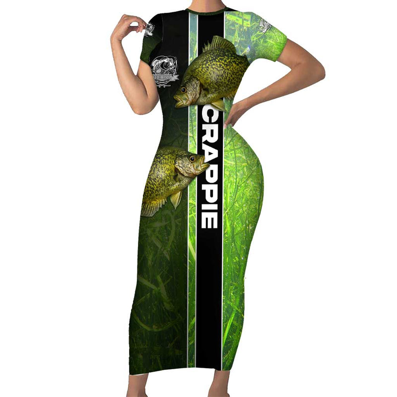 Crappie Fish Green Underwater Graphic With Custom Name And Fishing Logo Design Short Sleeve Bodycon Dress