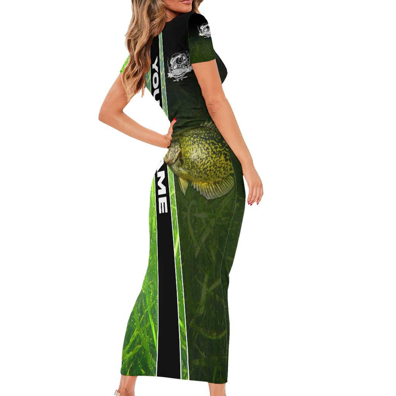 Crappie Fish Green Underwater Graphic With Custom Name And Fishing Logo Design Short Sleeve Bodycon Dress