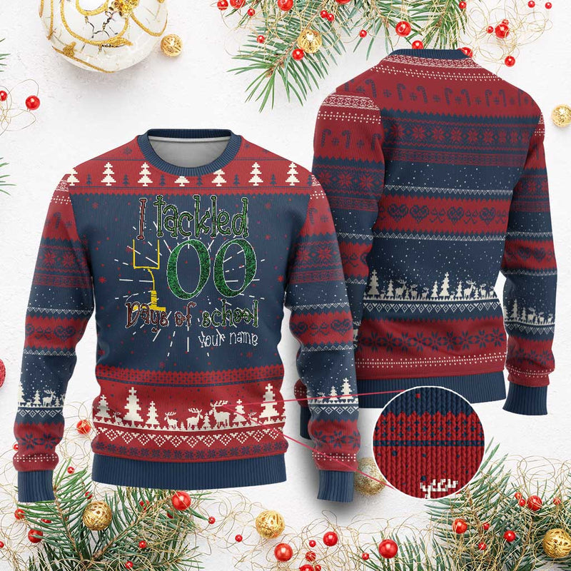 100TH Day Of School Football Knitted Sweatshirt Custom Text I Tackled 100 Days Of School