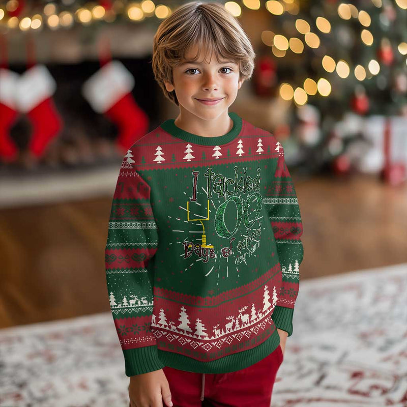 100TH Day Of School Football Knitted Sweatshirt Custom Text I Tackled 100 Days Of School