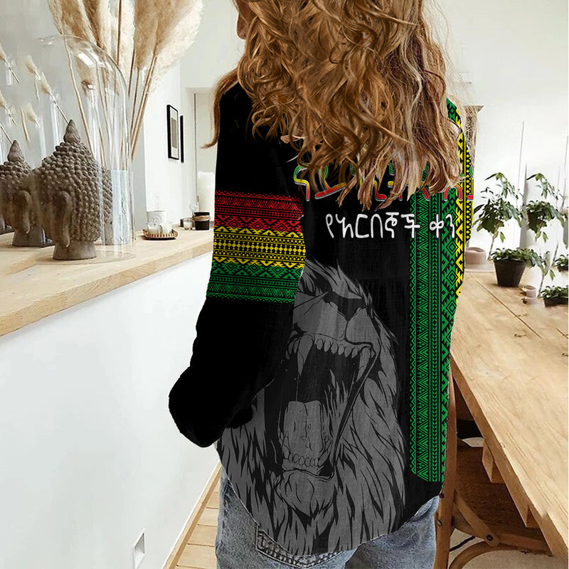 Ethiopia Patriot Day Amharic Letters Roaring Lion Women Casual Shirt