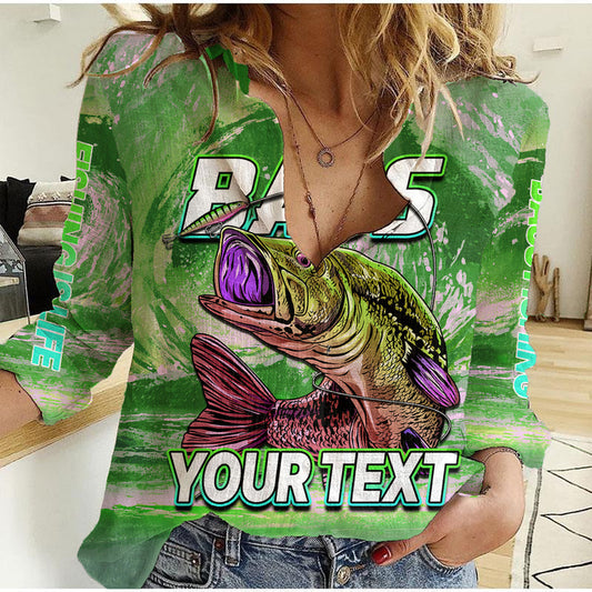 (Custom Personalised) Bass Fishing is Life Hook Sport Largemouth Green Women Casual Shirt