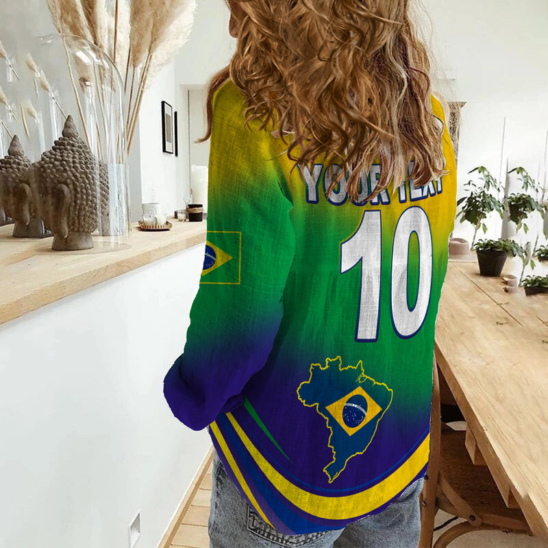 (Custom Text and Number) Brazil Football Soccer 2022 World Cup Selecao Brasil Campeao Style Color Flag Women Casual Shirt