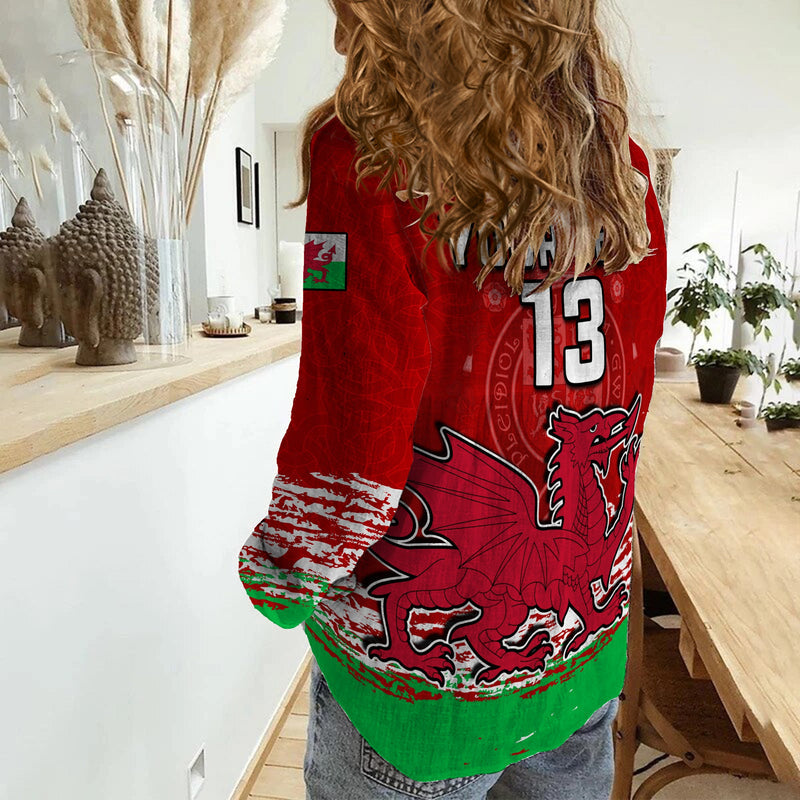 (Custom Text and Number) Wales Football Come On CYMRU The Red Wall Champions World Cup Women Casual Shirt