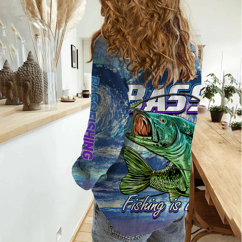 (Custom Personalised) Bass Fishing is Life Hook Sport Largemouth Blue Women Casual Shirt