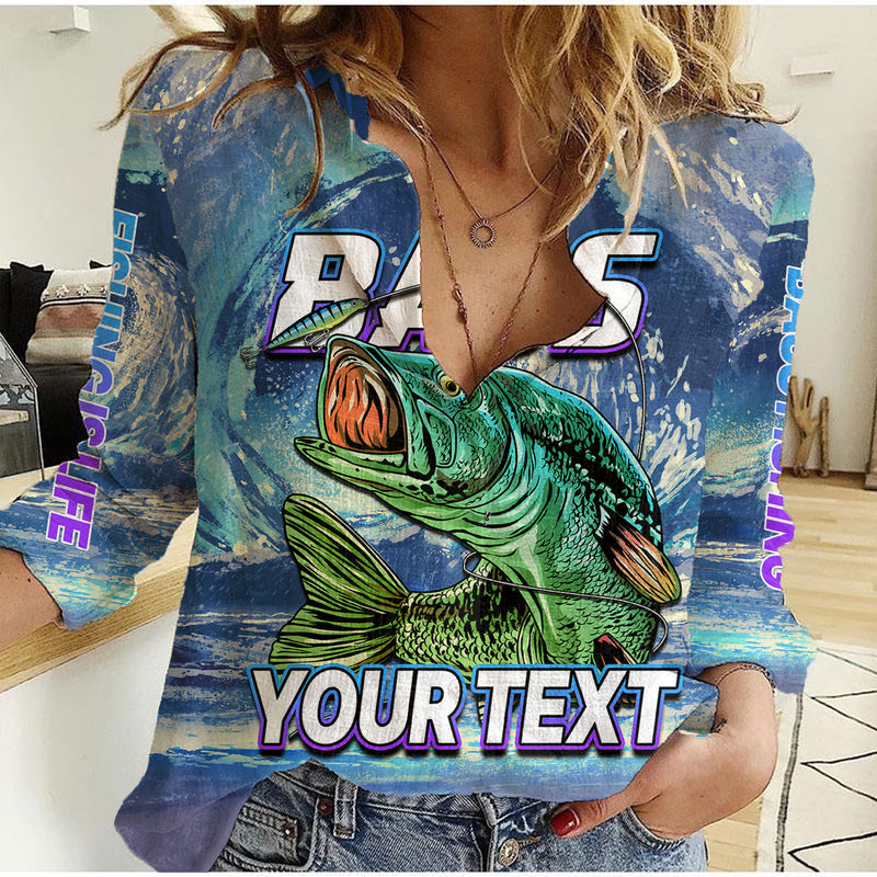 (Custom Personalised) Bass Fishing is Life Hook Sport Largemouth Blue Women Casual Shirt