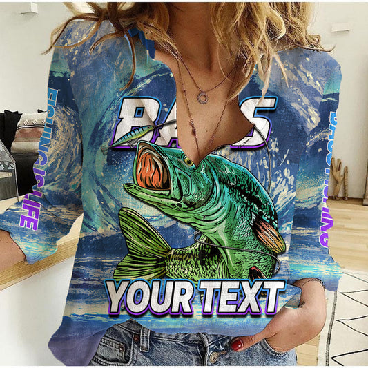 (Custom Personalised) Bass Fishing is Life Hook Sport Largemouth Blue Women Casual Shirt