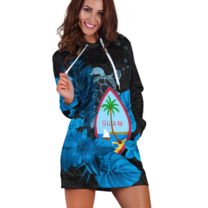 (Custom Personalised) Guam Seal Hoodie Dress Polynesian Turtle with Flowers Version Blue
