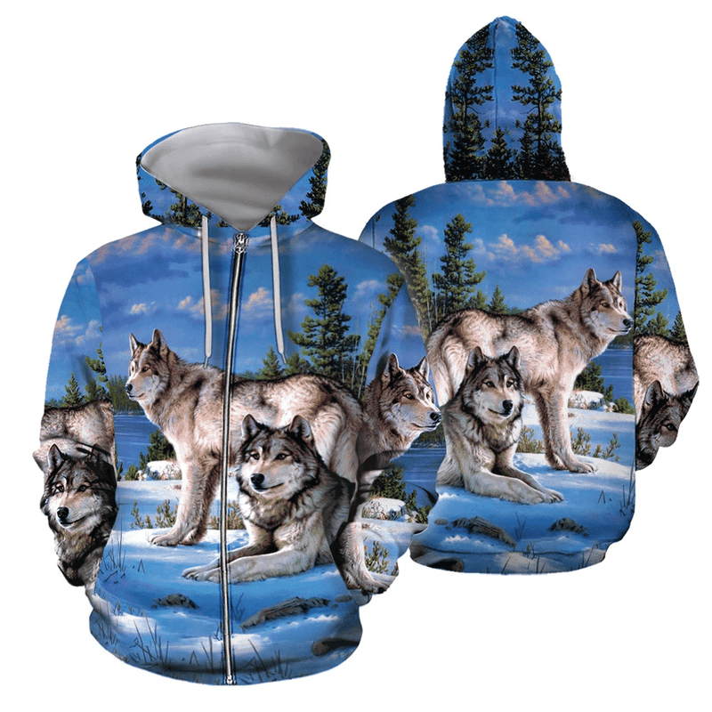 3D All Over Printed Couple Of Wolves Lie On Snow