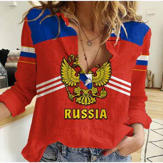 (Custom Text And Number) Russia Hockey 2023 Red Sporty Style Women Casual Shirt