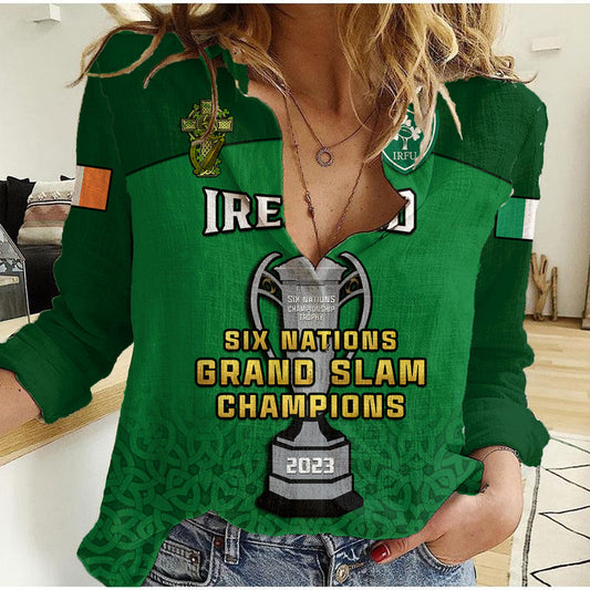 (Custom Text And Number) Ireland Rugby 2023 Champions Six Nations Irish Proud Women Casual Shirt